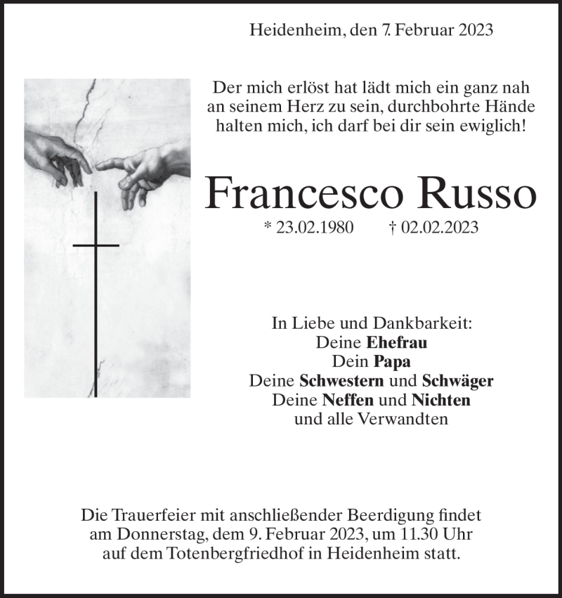 Traueranzeige für Francesco Russo vom 07.02.2023 aus Heidenheimer Zeitung