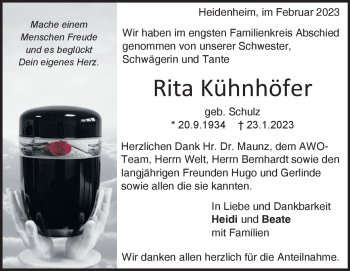 Traueranzeige von Rita Kühnhöfer von Heidenheimer Zeitung
