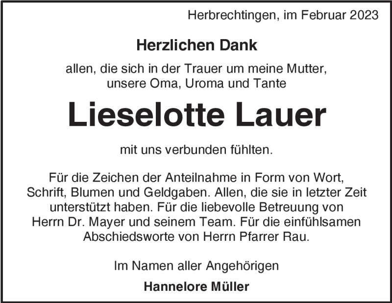  Traueranzeige für Lieselotte Lauer vom 25.02.2023 aus Heidenheimer Zeitung