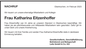 Traueranzeige von Katharina Eitzenhoffer von Heidenheimer Zeitung