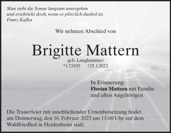 Traueranzeige von Brigitte Mattern von Heidenheimer Zeitung