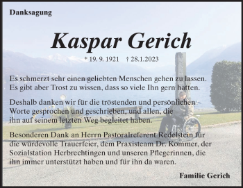 Traueranzeige von Kaspar Gerich von Heidenheimer Zeitung