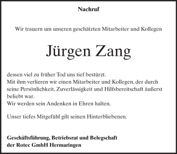 Traueranzeige von Jürgen Zang von Heidenheimer Zeitung