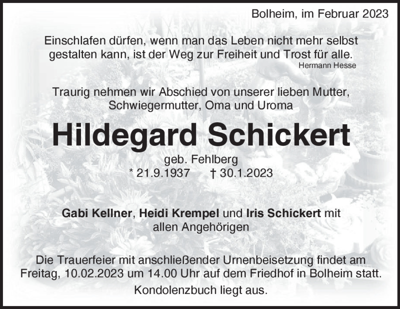  Traueranzeige für Hildegard Schickert vom 07.02.2023 aus Heidenheimer Zeitung