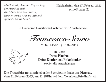 Traueranzeige von Francesco Scuro von Heidenheimer Zeitung