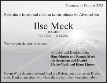 Traueranzeige von Ilse Meck von Heidenheimer Zeitung
