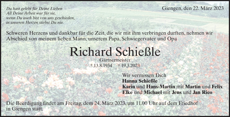  Traueranzeige für Richard  Schießle vom 22.03.2023 aus Heidenheimer Zeitung