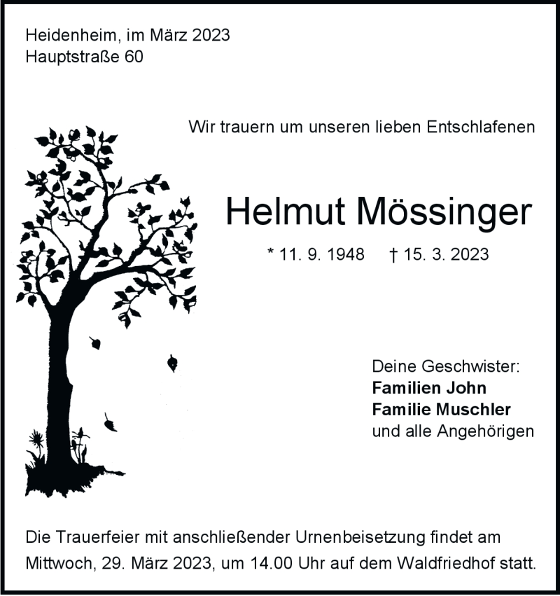  Traueranzeige für Helmut Mössinger vom 25.03.2023 aus Heidenheimer Zeitung