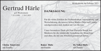 Traueranzeige von Gertrud Härle von Heidenheimer Zeitung