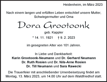 Traueranzeige von Dora Grootoonk von Heidenheimer Zeitung