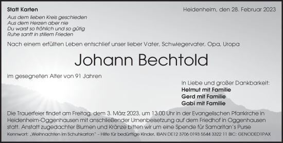 Traueranzeige von Johann Bechtold von Heidenheimer Zeitung