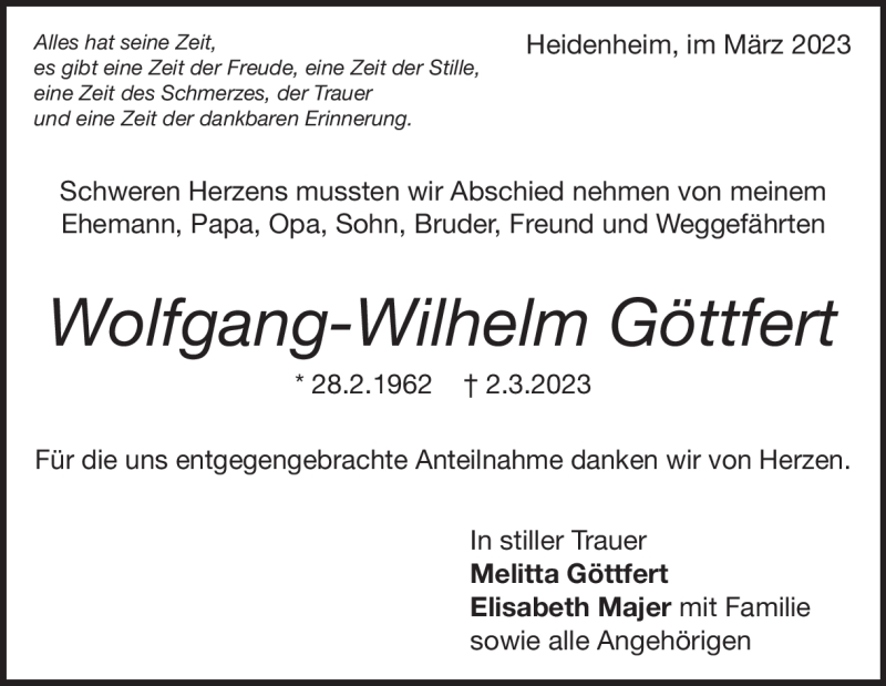  Traueranzeige für Wolfgang-Wilhelm Göttfert vom 18.03.2023 aus Heidenheimer Zeitung