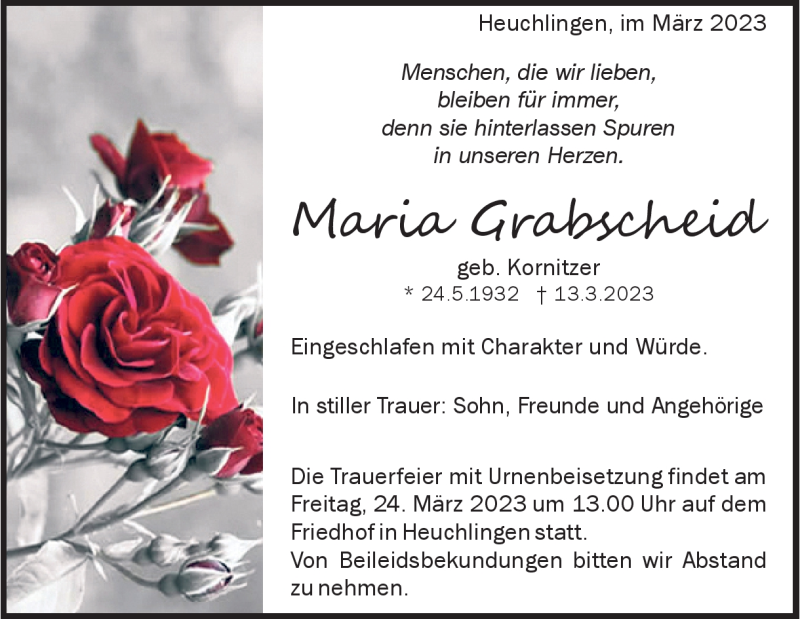  Traueranzeige für Maria  Grabscheid  vom 21.03.2023 aus Heidenheimer Zeitung