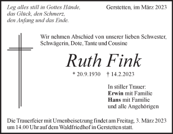 Traueranzeige von Ruth Fink von Heidenheimer Zeitung