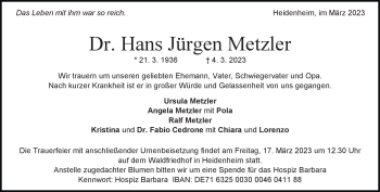 Traueranzeige von Hans Jürgen Metzler  von Heidenheimer Zeitung