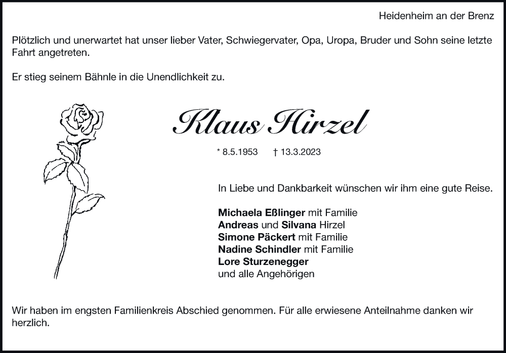  Traueranzeige für Klaus Hirzel vom 28.03.2023 aus Heidenheimer Zeitung