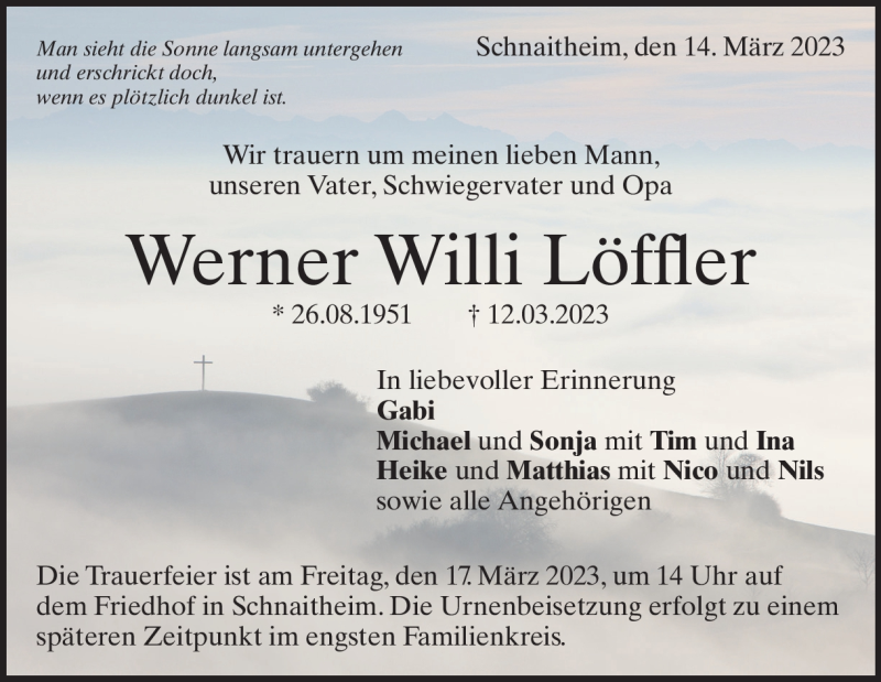  Traueranzeige für Werner Willi Löffler vom 14.03.2023 aus Heidenheimer Zeitung