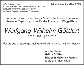 Traueranzeige von Wolfgang-Wilhelm Göttfert von Heidenheimer Zeitung