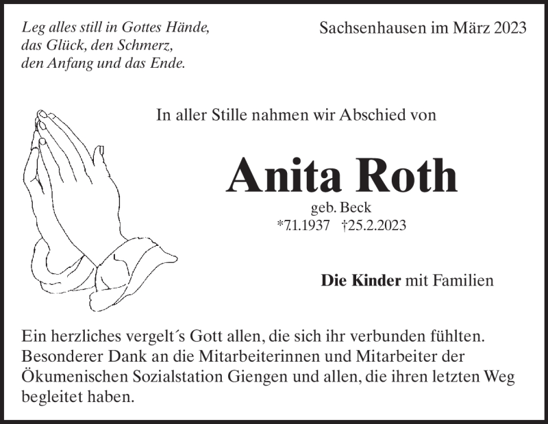  Traueranzeige für Anita  Roth vom 18.03.2023 aus Heidenheimer Zeitung