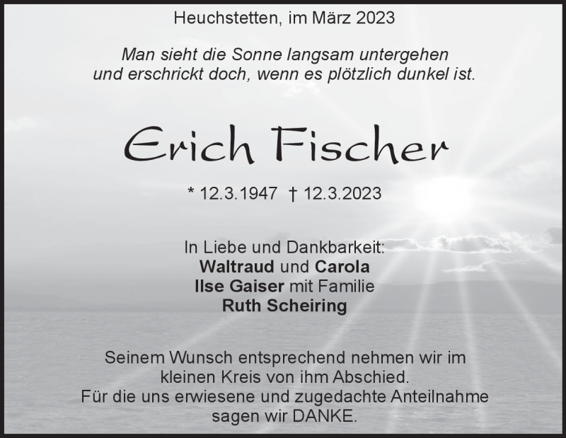  Traueranzeige für Erich  Fischer vom 18.03.2023 aus Heidenheimer Zeitung