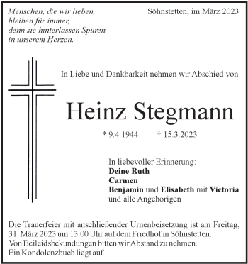 Traueranzeige von Heinz  Stegmann  von Heidenheimer Zeitung