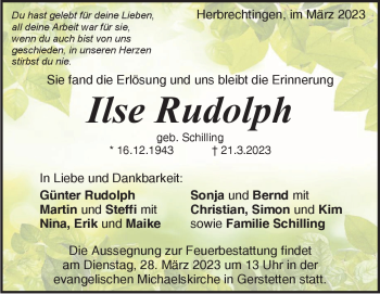 Traueranzeige von Ilse Rudolph von Heidenheimer Zeitung