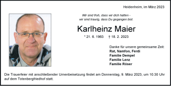 Traueranzeige von Karlheinz Maier von Heidenheimer Zeitung