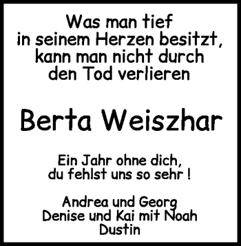 Traueranzeige von Berta Weiszhar von Heidenheimer Zeitung