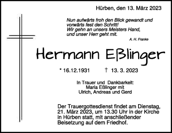 Traueranzeige von Hermann Eßlinger von Heidenheimer Zeitung
