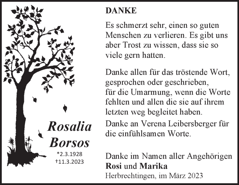  Traueranzeige für Rosalia  Borsos vom 25.03.2023 aus Heidenheimer Zeitung