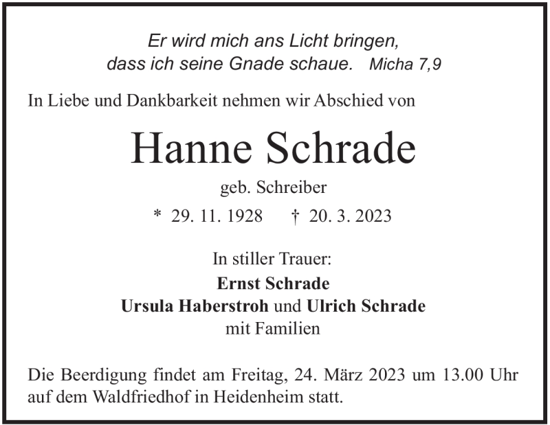  Traueranzeige für Hanne Schrade vom 22.03.2023 aus Heidenheimer Zeitung