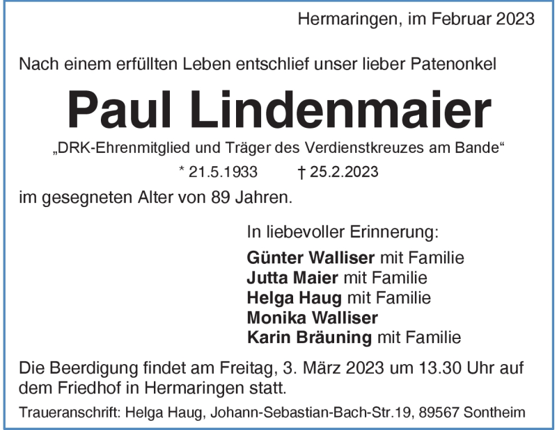  Traueranzeige für Paul Lindenmaier vom 28.02.2023 aus Heidenheimer Zeitung