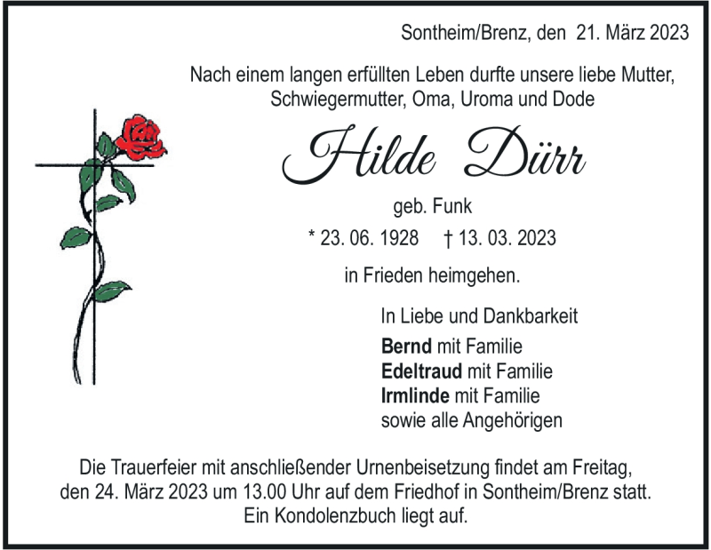  Traueranzeige für Hilde Dürr vom 21.03.2023 aus Heidenheimer Zeitung