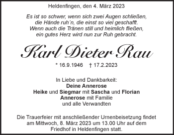 Traueranzeige von Karl Dieter Rau von Heidenheimer Zeitung