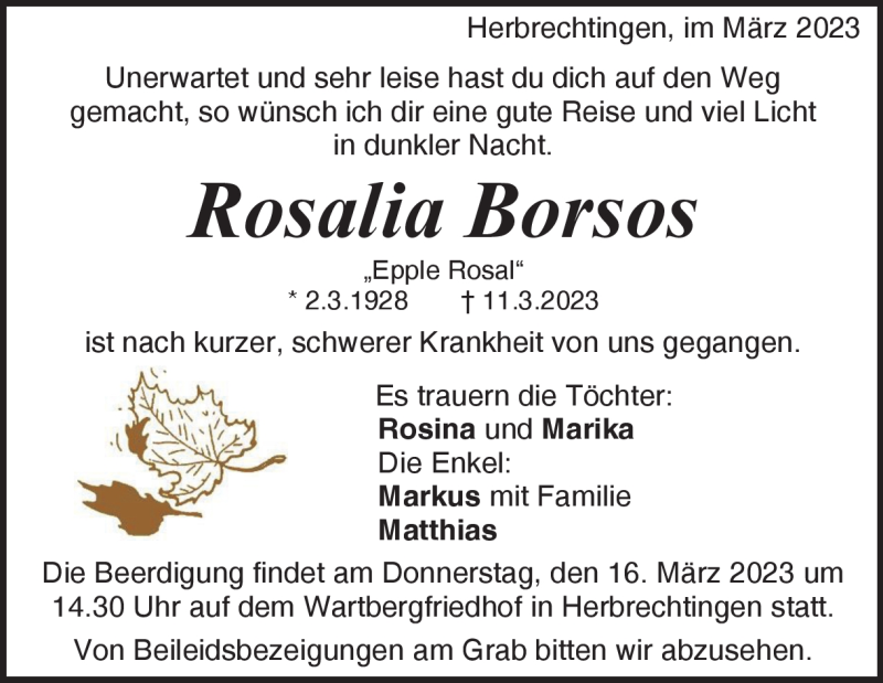  Traueranzeige für Rosalia  Borsos vom 14.03.2023 aus Heidenheimer Zeitung