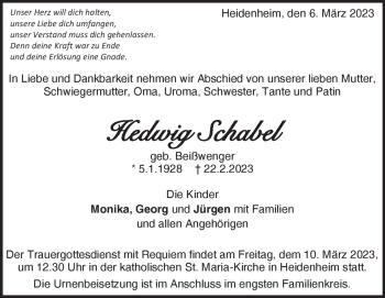 Traueranzeige von Hedwig Schabel von Heidenheimer Zeitung