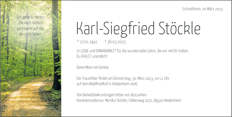  Traueranzeige für Karl-Siegfried  Stöckle vom 29.03.2023 aus Heidenheimer Zeitung