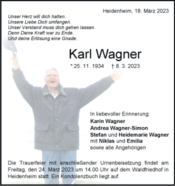 Traueranzeige von Karl Wagner von Heidenheimer Zeitung
