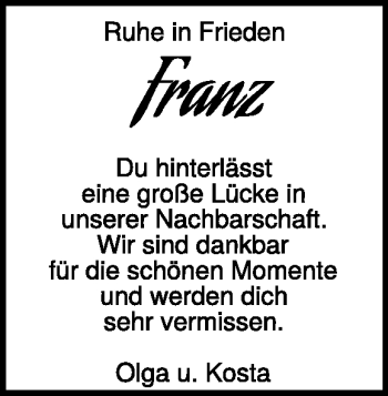 Traueranzeige von Franz Kolitsch von Heidenheimer Zeitung