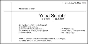 Traueranzeige von Yuna Schütz von Heidenheimer Zeitung