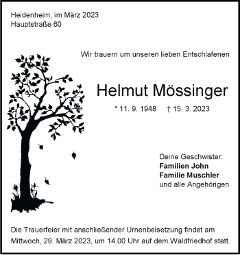 Traueranzeige von Helmut Mössinger von Heidenheimer Zeitung