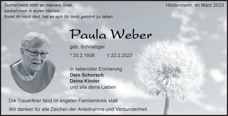  Traueranzeige für Paula Weber vom 18.03.2023 aus Heidenheimer Zeitung