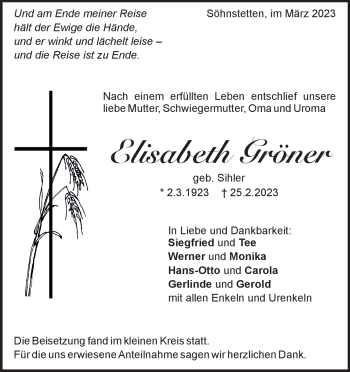 Traueranzeige von Elisabeth Gröner von Heidenheimer Zeitung