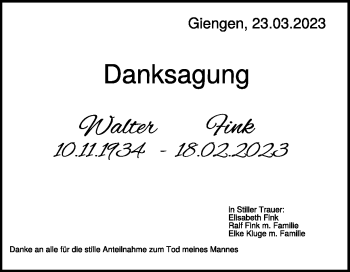 Traueranzeige von Walter  Fink von Heidenheimer Zeitung