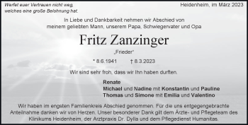 Traueranzeige von Fritz Zanzinger  von Heidenheimer Zeitung