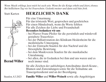 Traueranzeige von Bernd Willer von Heidenheimer Zeitung
