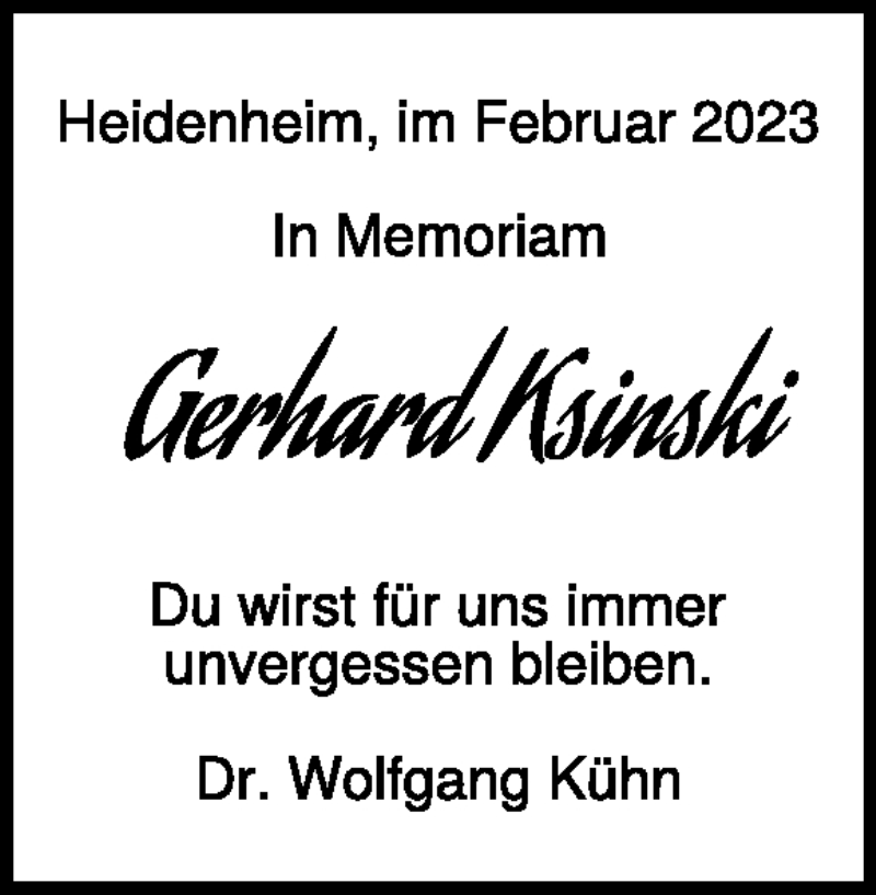  Traueranzeige für Gerhard Ksinski vom 04.03.2023 aus Heidenheimer Zeitung