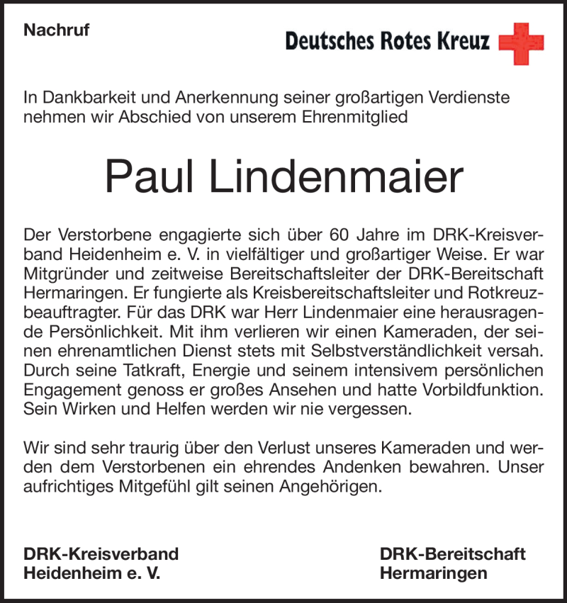  Traueranzeige für Paul Lindenmaier vom 01.03.2023 aus Heidenheimer Zeitung