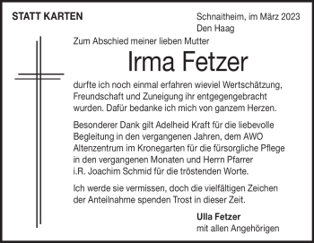 Traueranzeige von Irma Fetzer von Heidenheimer Zeitung