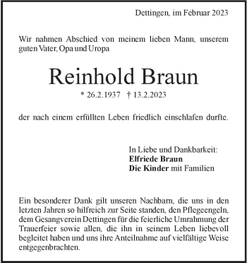 Traueranzeige von Reinhold Braun von Heidenheimer Zeitung